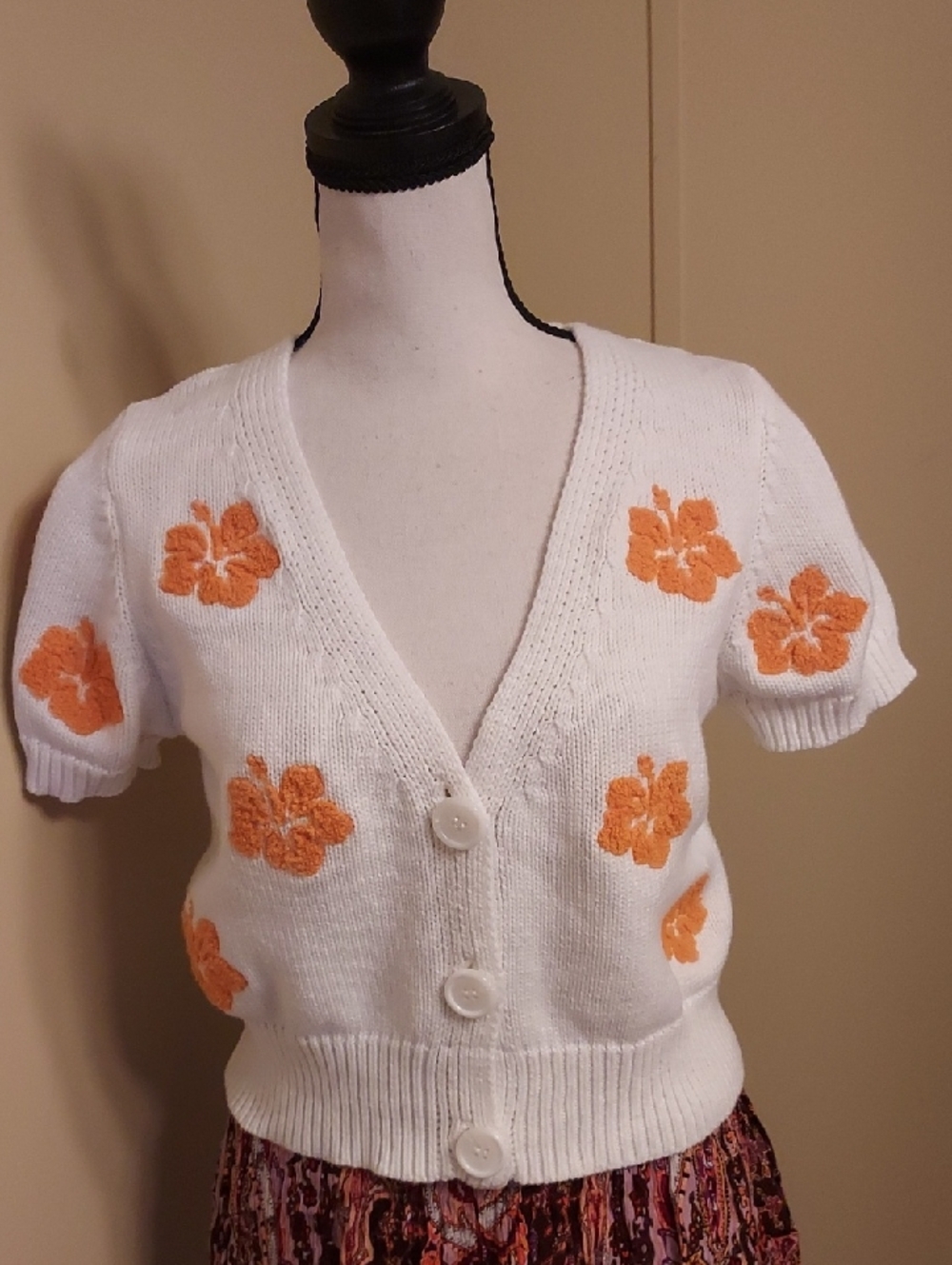 Forever 21 White Short-Sleeve Cardigan with Orange Floral Embroidery